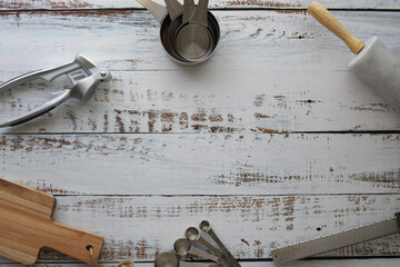 White wood background with utensils - photo background 