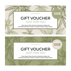 A set of botanical gift certificate templates. Leaves of medical cannabis in the background. Plants