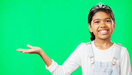 Mockup, green screen and child open hand showing product placement, advertising and logo isolated in a studio background. Smile. happy and portrait of kid excited for promotion, logo or branding