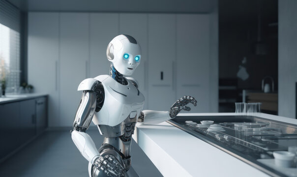 Smart Robot as home assistant with artificial intelligence on modern kitchen home background. Generative AI