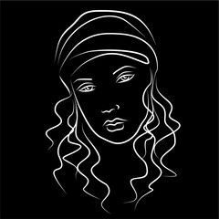 contour white female portrait on a black background, logo, monochrome design