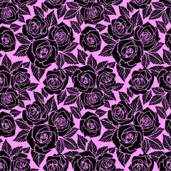 seamless black asymmetric pattern of rose contours on a pink background, texture, design