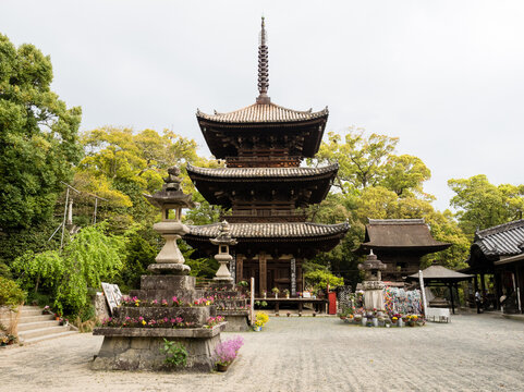 Matsuyama, Ehime prefecture, Japan - April 10, 2018: On the grounds of Ishiteji, temple number 51 of Shikoku pilgrimage