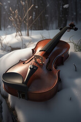 Fototapeta na wymiar violin sitting on the ground in the snow. Generative Ai