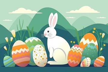 Easter eggs and cute bunny in the grass. Egg hunt. Easter celebration of spring. Illustration. AI generated.