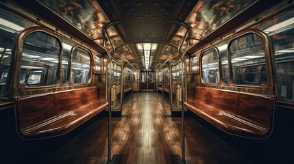 Fototapeta premium subway car with its wooden benches . Generative Ai