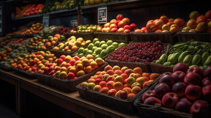 Fototapeta na wymiar Fresh fruits and vegetables on the shelf in the supermarket. Generative Ai