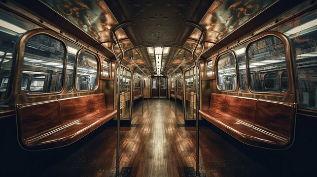 subway car with its wooden benches . Generative Ai