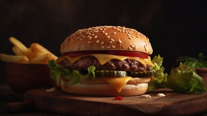 Food photo. Feast your eyes on a delectable cheeseburger on a wooden board, with fries in the background