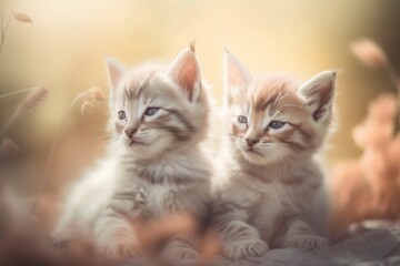 Fototapeta na wymiar two small kittens sitting next to each other on a field. generative ai