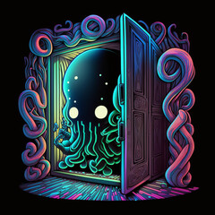a detailed cubism chibi cthulhu peeking through portal warpgate blacklight
