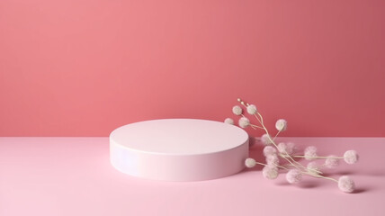 White round podium pedestal cosmetic beauty product presentation scene empty mockup on trendy pink coral pastel background with spring flowers, minimalist backdrop luxury template. Generative AI.
