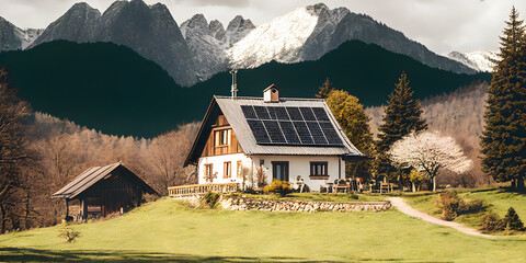 Polish hose near mountains. House with solar panel, photovoltaic solar panels in house roof. Alternative and Renewable energy concept. Ai generative