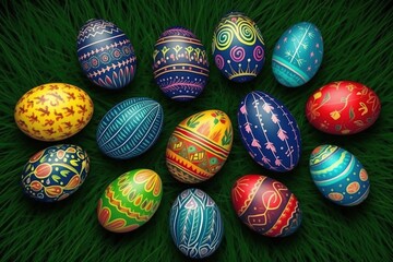 Cartoon Easter eggs on meadow green grass. Spring season. Painted and decorated eggs.