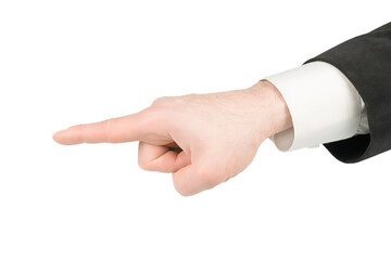 Man in suit hand making pointing finger gesture. Isolated png with transparency