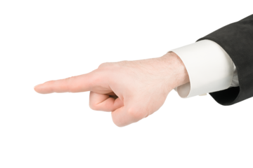 Man in suit hand making pointing finger gesture. Isolated png with transparency