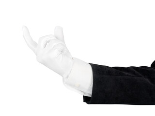 Close up of man hand in black suit and white glove holding, measuring or supporting something. Isolated png with transparency - 587776101