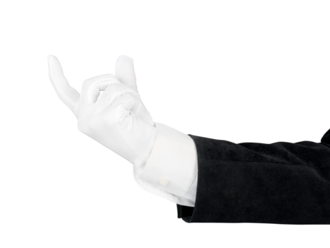 Close up of man hand in black suit and white glove holding, measuring or supporting something. Isolated png with transparency - Powered by Adobe