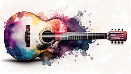 Acoustic guitar in watercolor style by Generative AI - obrazy, fototapety, plakaty