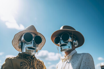 Generative AI illustration of portrait of couple of man and woman artificial intelligence robots in love dressed in latest fashion with sunglasses and hat
