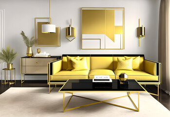 Photo of a modern living room featuring a vibrant yellow couch and sleek black coffee table