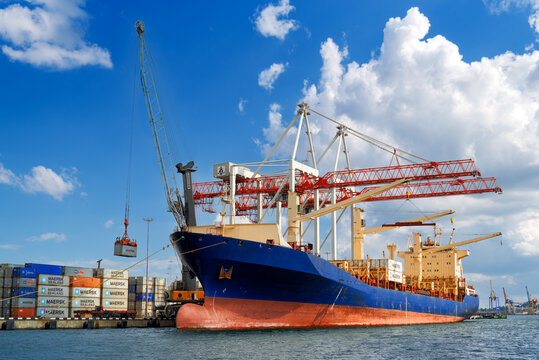 Сontainer ship unloads shipping containers in the port of Chernomorsk on the Black Sea, Ukraine