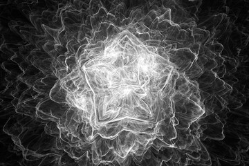 White pattern of crooked waves on a black background. Abstract fractal 3D rendering
