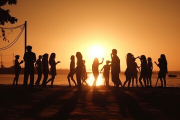 Fototapeta premium Silhouettes of People Dancing Summer Beach Party Concept