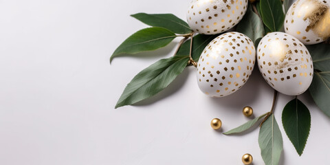 Easter golden eggs composition with green branches. Happy Easter background. banner template.Top view. Flat lay mockup. Easter promotion and shopping poster. Generative Ai