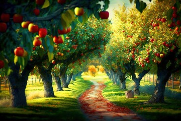 A tree-lined orchard with ripe apples on the branches. Generative Ai.
