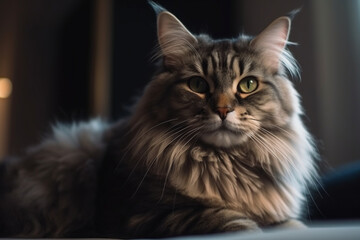 Fototapeta premium A fluffy Persian cat in a luxurious and large apartment, its luxurious fur and expressive face create a warm and inviting scene, emphasizing the cat's elegance and beauty, generative ai.