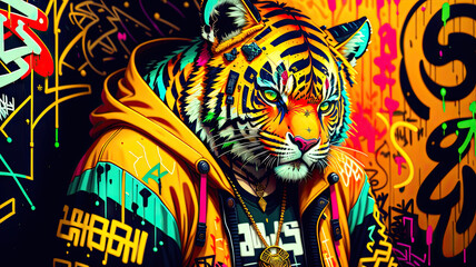 A beautiful tiger in a graffiti style, street-art - Generated by Generative AI
