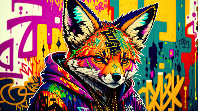 A beautiful fox in a graffiti style, street-art - Generated by Generative AI