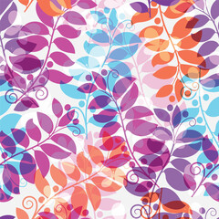 Vector pink spring seamless pattern with colorful leaves and butterflies