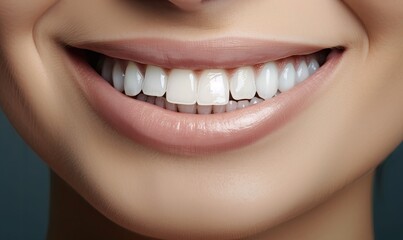 Fototapeta premium Perfect white teeth close up with shade guide bleach color, female veneer smile, dental care and stomatology, dentistry, generative AI