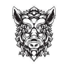 black and white boar tattoo artwork illustration