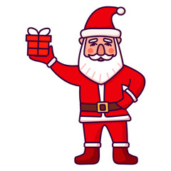 Christmas cute Santa Claus cartoon character with gift.Vector flat illustration.Isolated on white background.For Christmas card, banner.