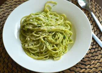 Plate with Spaghetti with wild garlic pesto and cheese