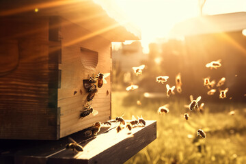 A swarm of bees flying around the hive after a day of collecting nectar from flowers against the setting sun, golden hour. The concept of beekeeping and keeping bees. Generative ai - obrazy, fototapety, plakaty
