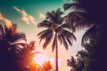 Obraz premium green palm, colorful sky, summer Generative AI
