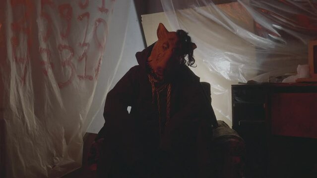 The killer or the the executioner in the mask of an animal, a boar or pig in the jail cell. Horror scene for halloween. High quality Full HD footage with slow motion. Maniac in beast mask