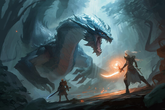 Wizard and huge dragon. Fantasy scene in the cave. Battle of a magician with a mythical creature. Fight against monster. Combat. 3D vector illustration. Image. Digital painting.