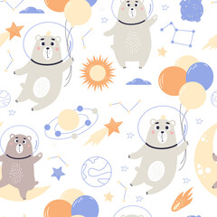 Cute space seamless pattern. Astronaut bears