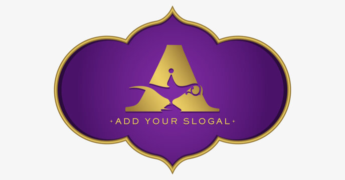 Letter A logo with the Aladdin's magic lamp. Negative space artwork.