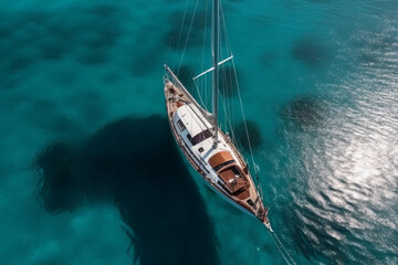 Fototapeta premium Aerial view of a luxury sailing boat in clear tropical blue water. Generative ai
