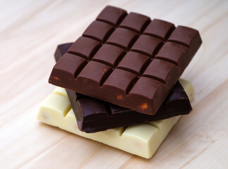 Stack of milk chocolate bar, dark chocolate bar and white chocolate bar on a wooden background.