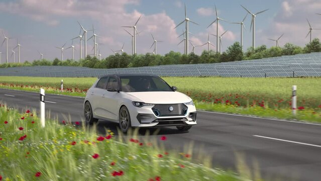 A generic electric car drives along a country road with solar panels and wind turbines in background. Green energy concept. Realistic high quality 3d rendering animation. Front view