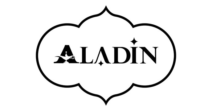 Aladdin typography. Letter A logo with the Aladdin's magic lamp. Negative space artwork.