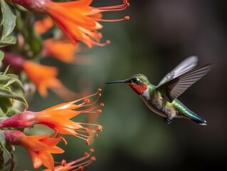Fototapeta premium Ruby-throated Hummingbird (archilochus colubris) in flight with red flower in the background