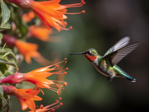 Ruby-throated Hummingbird (archilochus colubris) in flight with red flower in the background